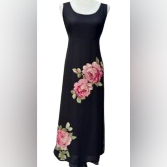 Robbie Bee Dresses & Skirts - Robbie Bee SZ 12 Vintage 100% Silk Black Floral Beaded Midi Sleeveless Dress